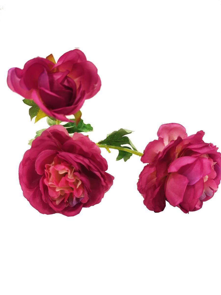 RAMO 3 ROSAS CON HOJAS 49CM. 6 COLORES: ROSA. LILA. CELESTE. ROJO. FUCSIA. AMARILLO